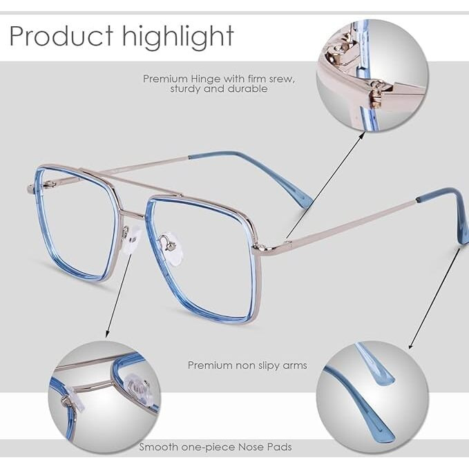 Dervin Blue Light Blocking Blue Cut Zero Power anti-glare Retro Square Eyeglasses, Frame for Eye Protection from UV by Computer/Tablet/Mobile/Laptop (Blue)