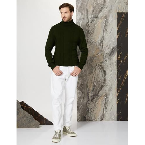 Amazon Brand - Symbol Men's Acrylic Turtle Neck Pullover Sweater (SYM-A23-SWT-08_Olive,Cable_L)