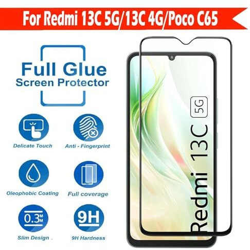 JGD PRODUCTS for Xiaomi Redmi 13C 5G, Redmi 13C 4G, Poco C65 Tempered glass with Full Edge Protection and Easy Installation Kit