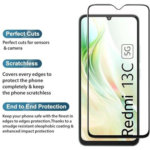 JGD PRODUCTS for Xiaomi Redmi 13C 5G, Redmi 13C 4G, Poco C65 Tempered glass with Full Edge Protection and Easy Installation Kit