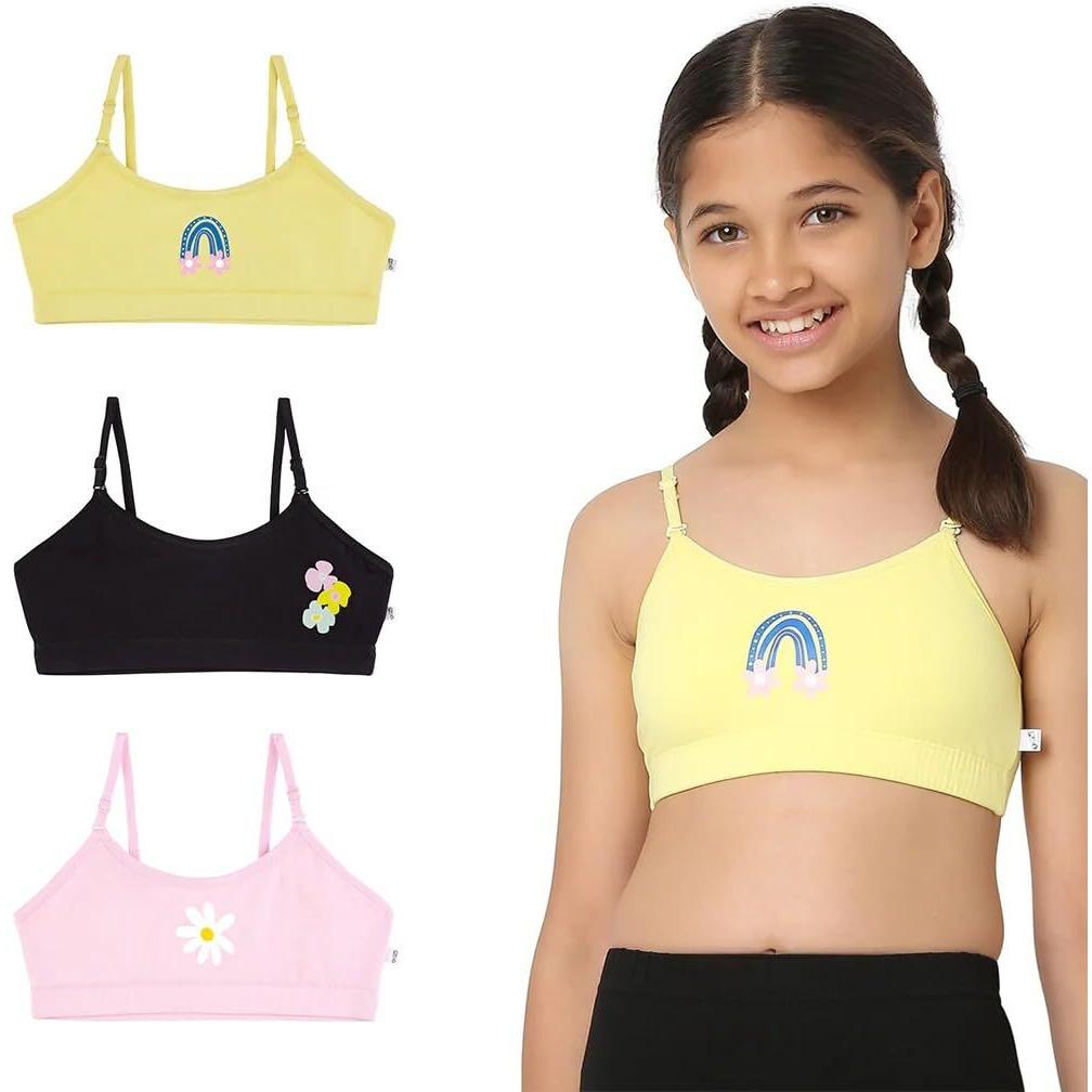 YouGotPlanB Multicolor Training Bra | Daisy Design | Cotton Blend | Non-Padded | Wire Free | Adjustable Straps | Beginners Bra for Girls | 10-12 Years | Combo Pack of 3