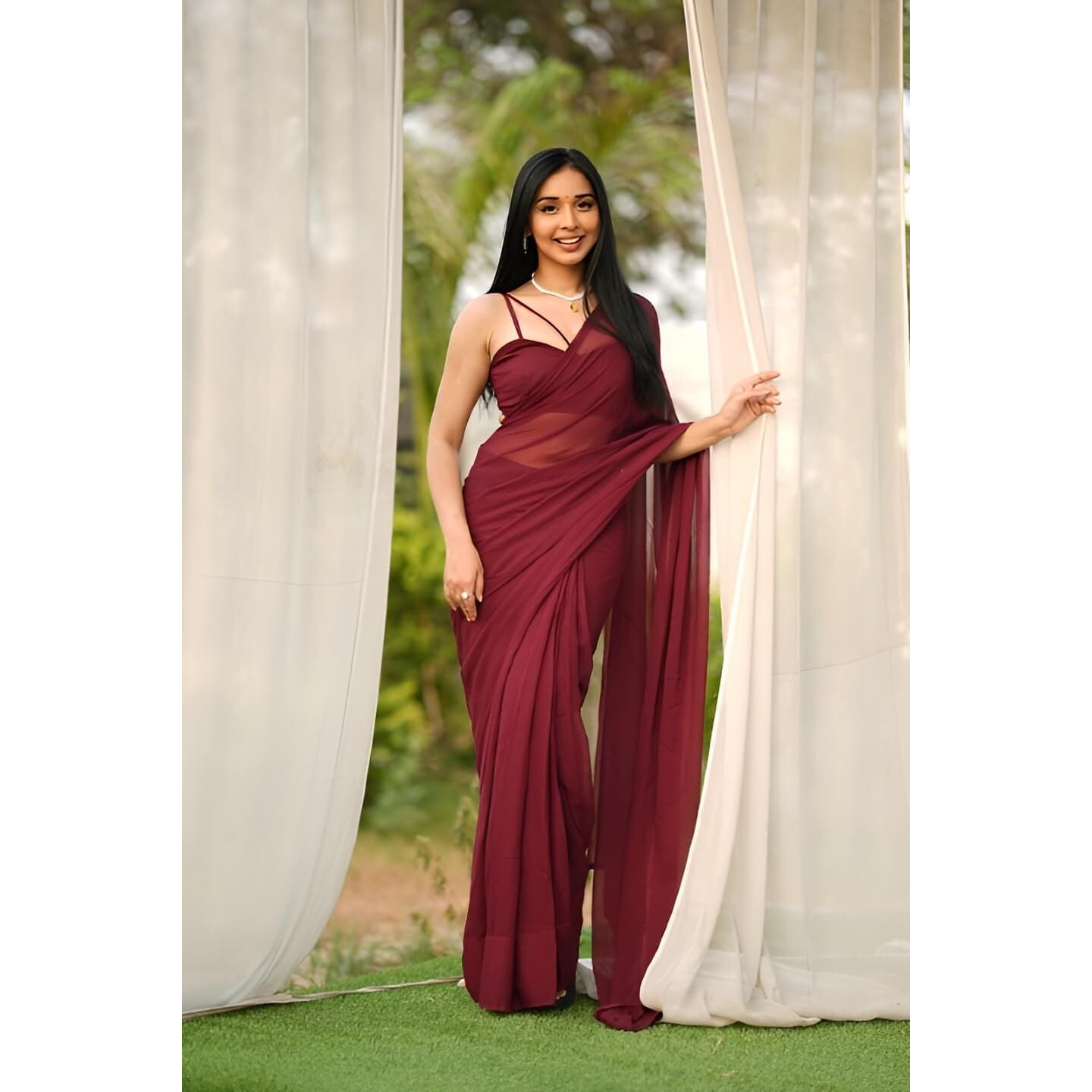 Stylescope Women's Plain Georgette Ready To Wear One Minute Saree With Unstitched Blouse Piece (Kalki Maroon_Maroon_Free Size)