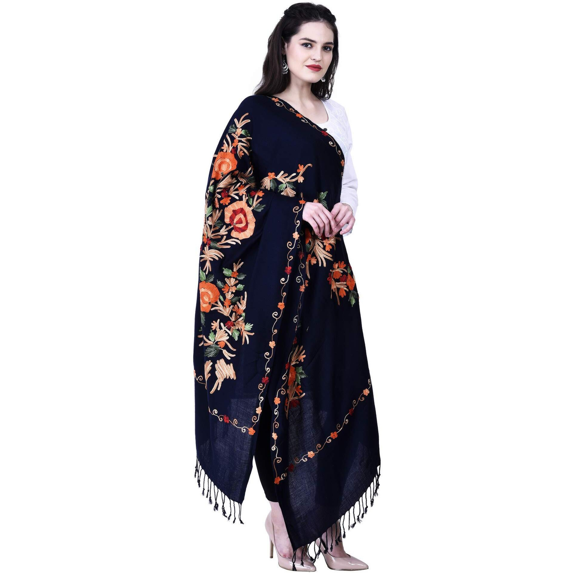 SWI WITH LABEL Women's Kashmiri Aari Embroidered Wool Stole (3250_Navy Blue_Free Size)