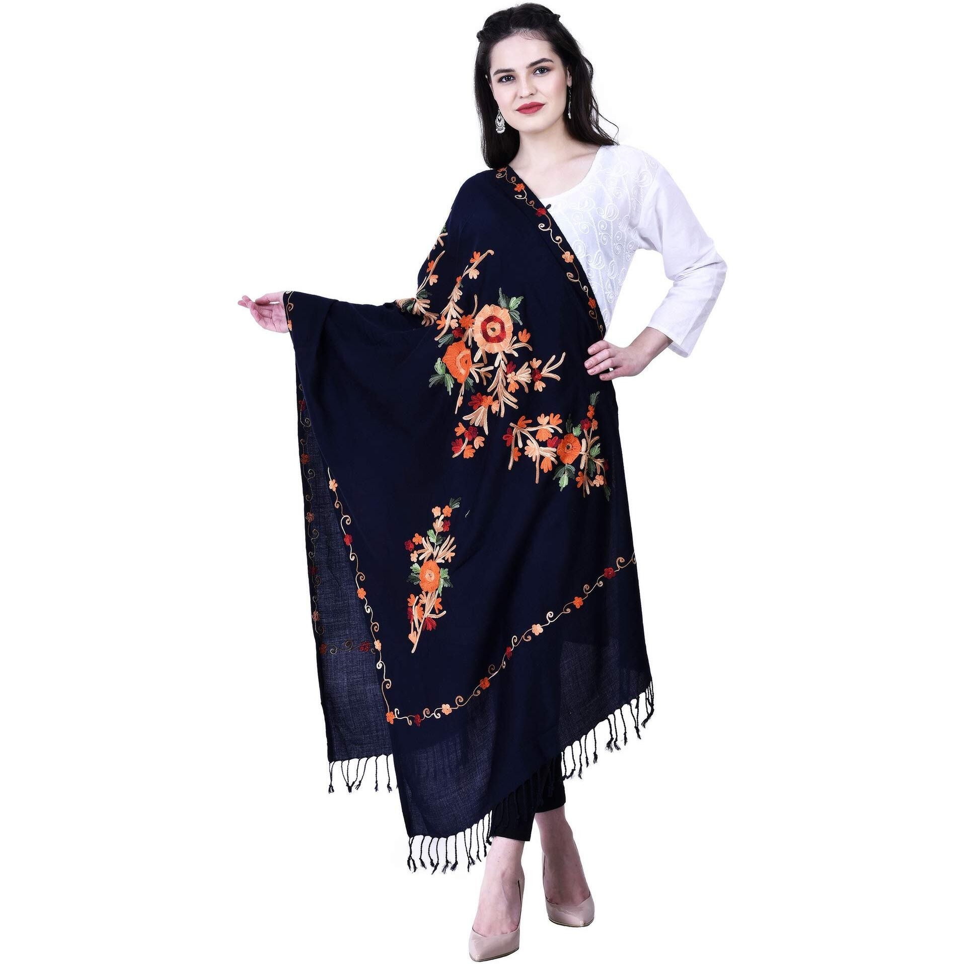 SWI WITH LABEL Women's Kashmiri Aari Embroidered Wool Stole (3250_Navy Blue_Free Size)