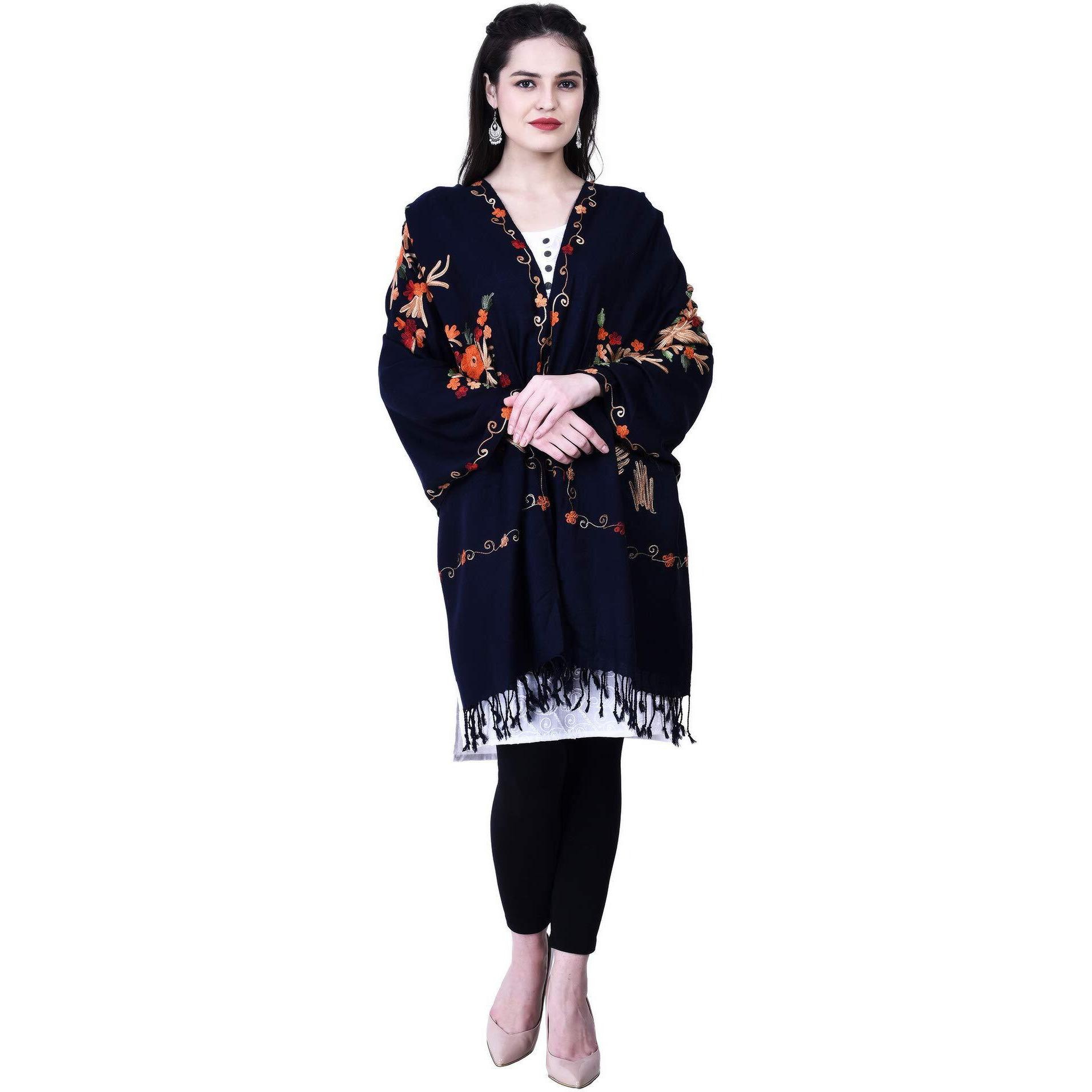 SWI WITH LABEL Women's Kashmiri Aari Embroidered Wool Stole (3250_Navy Blue_Free Size)