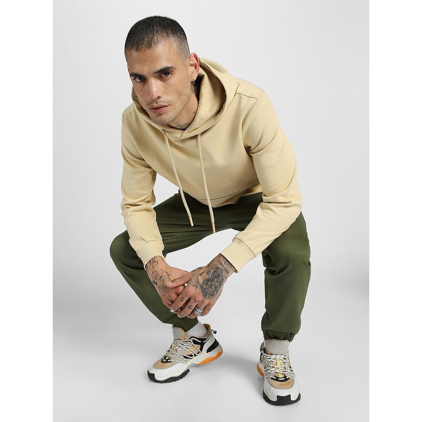 Veirdo Cotton Polly Fleece Regular Fit Beige Solid Hoodie for Men (VH0423SYPL56_M)