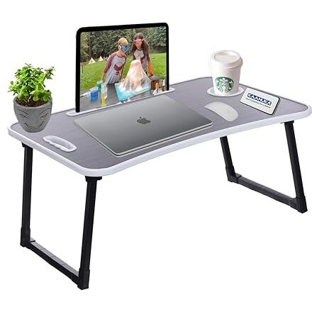 Kaanuka Foldable Laptop Table with Cup Holder I Tablet/Mobile Holder I Study Table I Breakfast Table, Multipurpose Round Edges for Home & Office Use