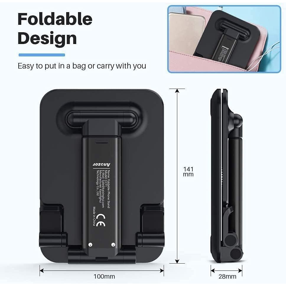 Sounce Foldable Portable Phone Holder Stand, Tabletop Adjustable Cell Phone Stand with Height Adjustable Cradle, Stable and Easy to Use Compatible for All 4-8 inches Smartphones Mount (Black)