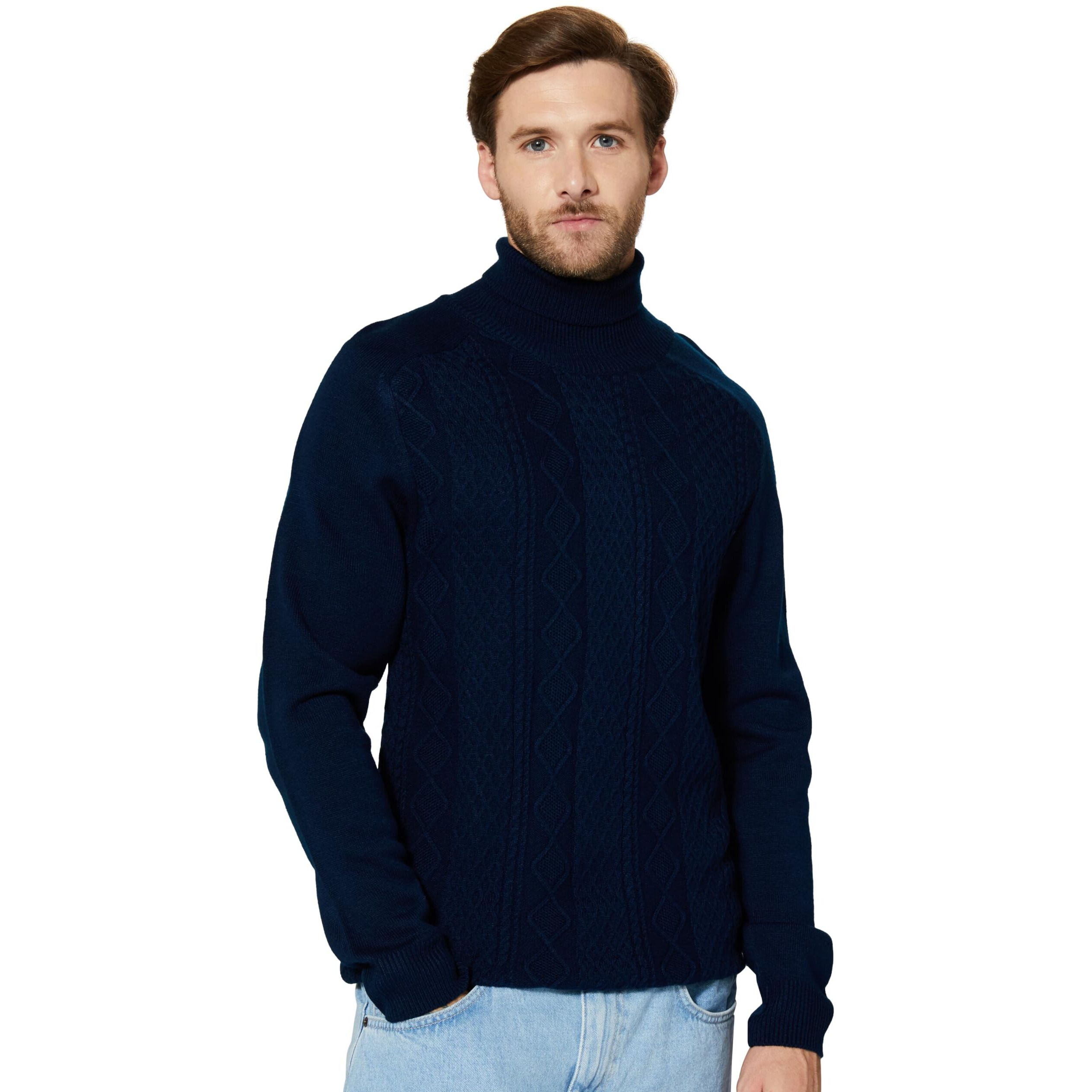Amazon Brand - Symbol Men's Casual Acrylic High Neck Sweater Navy,Cable L