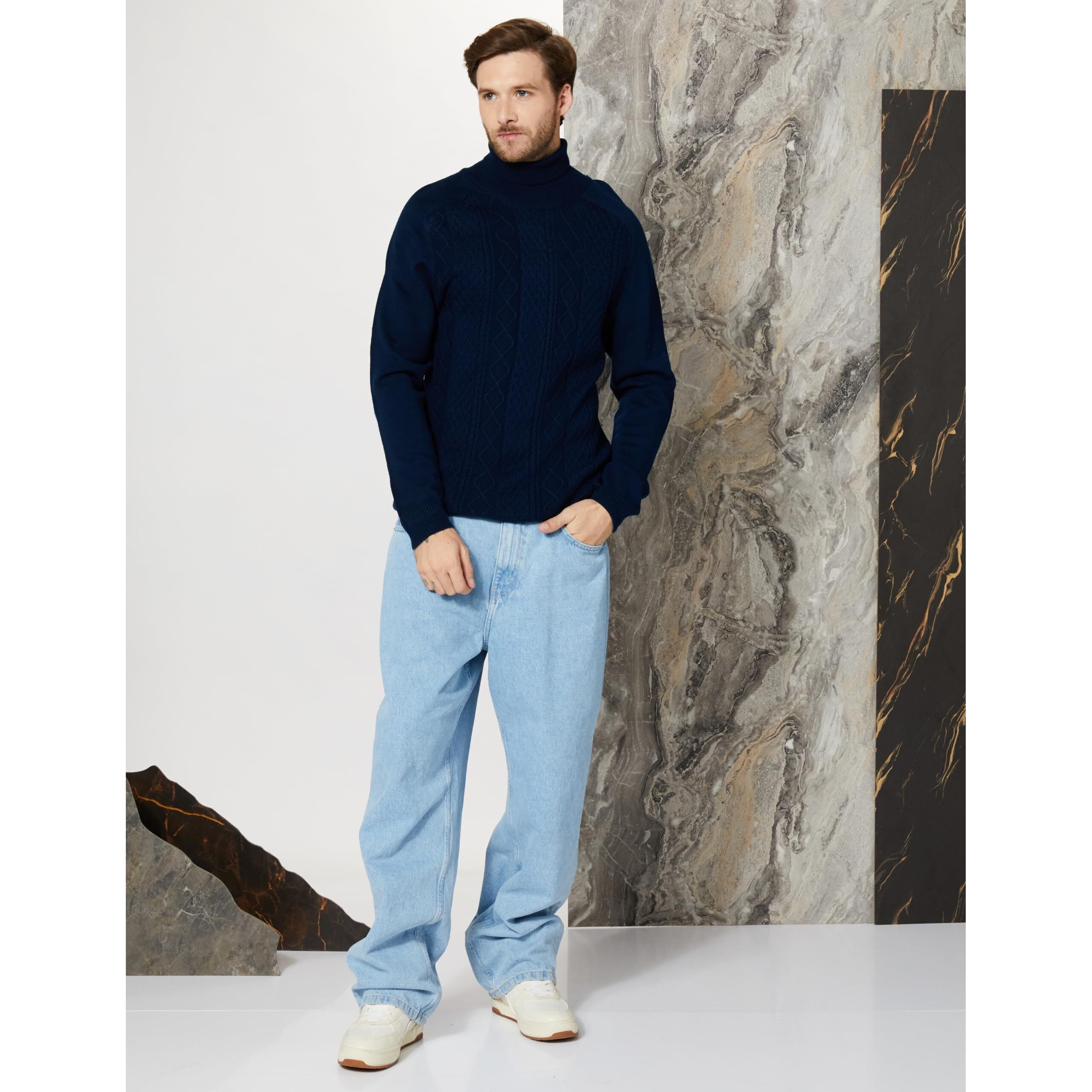 Amazon Brand - Symbol Men's Casual Acrylic High Neck Sweater Navy,Cable L