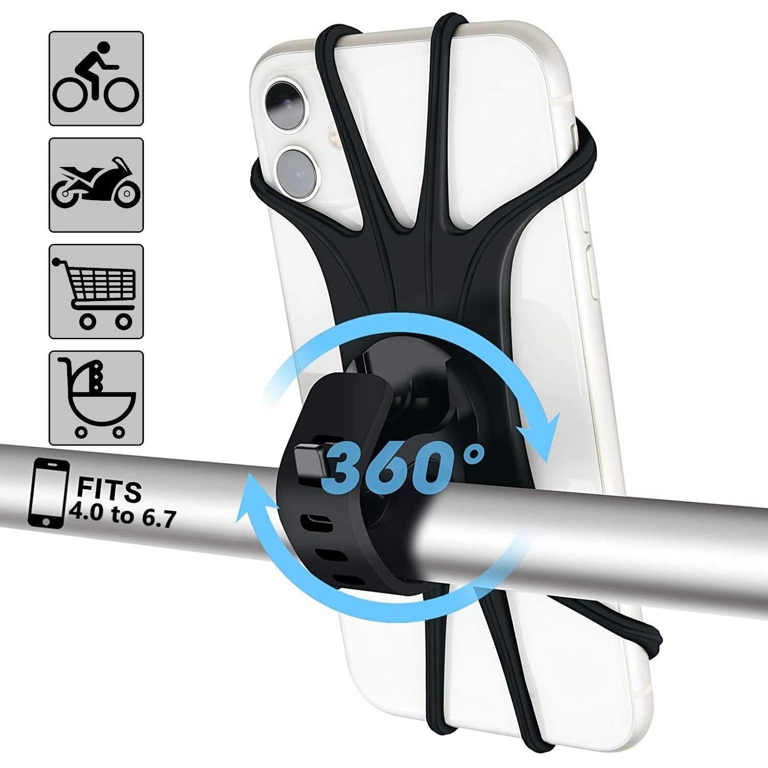HUMBLE Bike Phone Holder, 360 Rotation Silicone Bicycle Phone Holder/Mount, Universal Motorcycle Handlebar Mount Compatible with 4.0 & 6.7 inches Screen Size of Smartphones (Black)