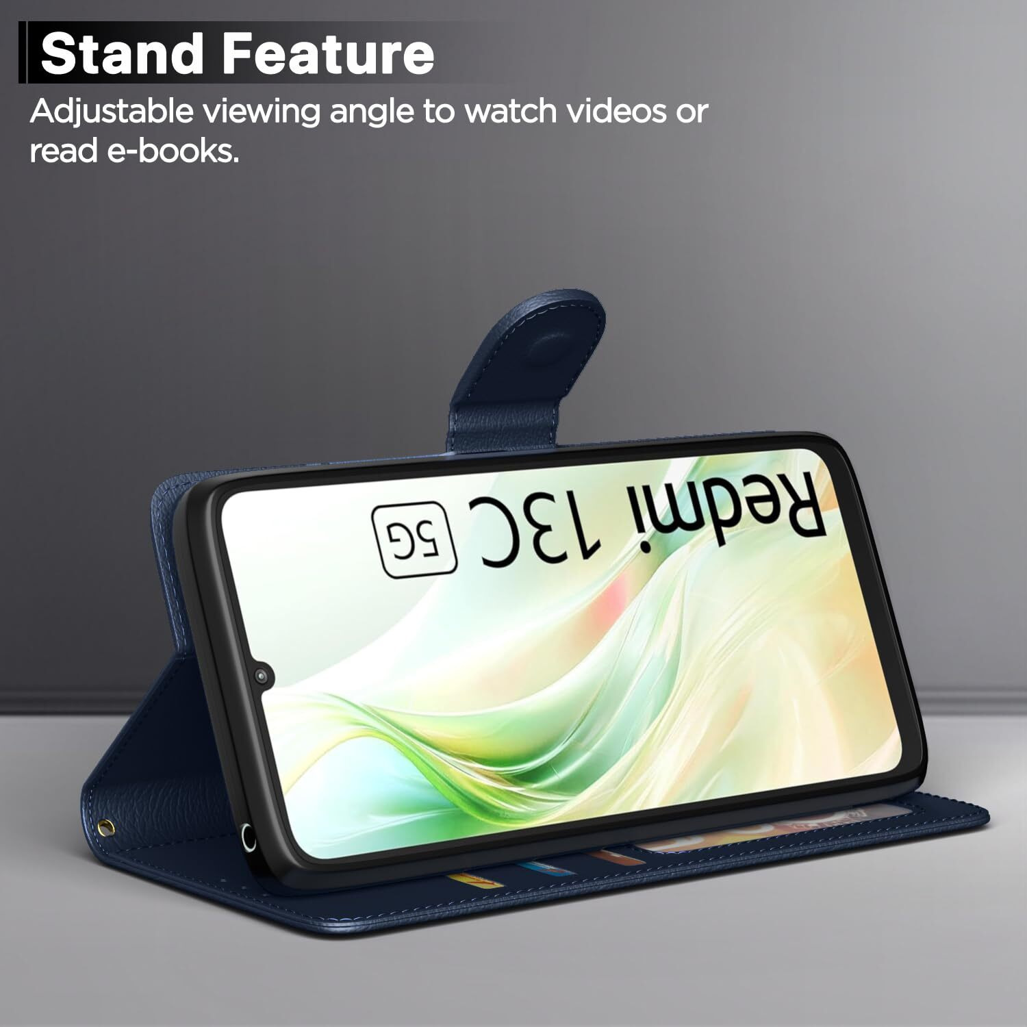 Pikkme Flip Cover Leather Finish | Inside TPU with Card Pockets | Wallet Stand and Shock Proof | Complete Protection Flip Case for Redmi 13C 5G(Blue)
