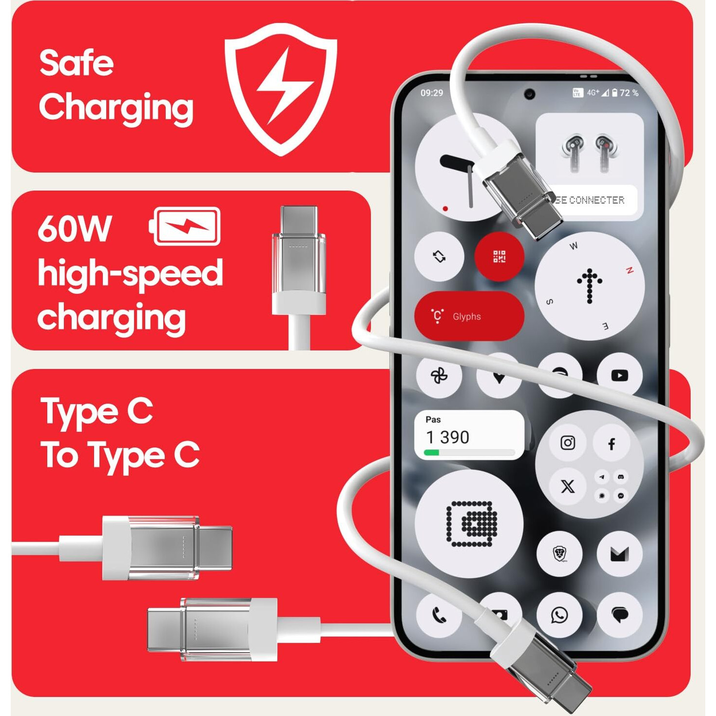 65W Nothing Original USB-C to USB-C Charging Cable For Nothing Devices  Compatible Fast Charging for Nothing Cmf, Google, Samsung, and Other Type-C Devices (White)