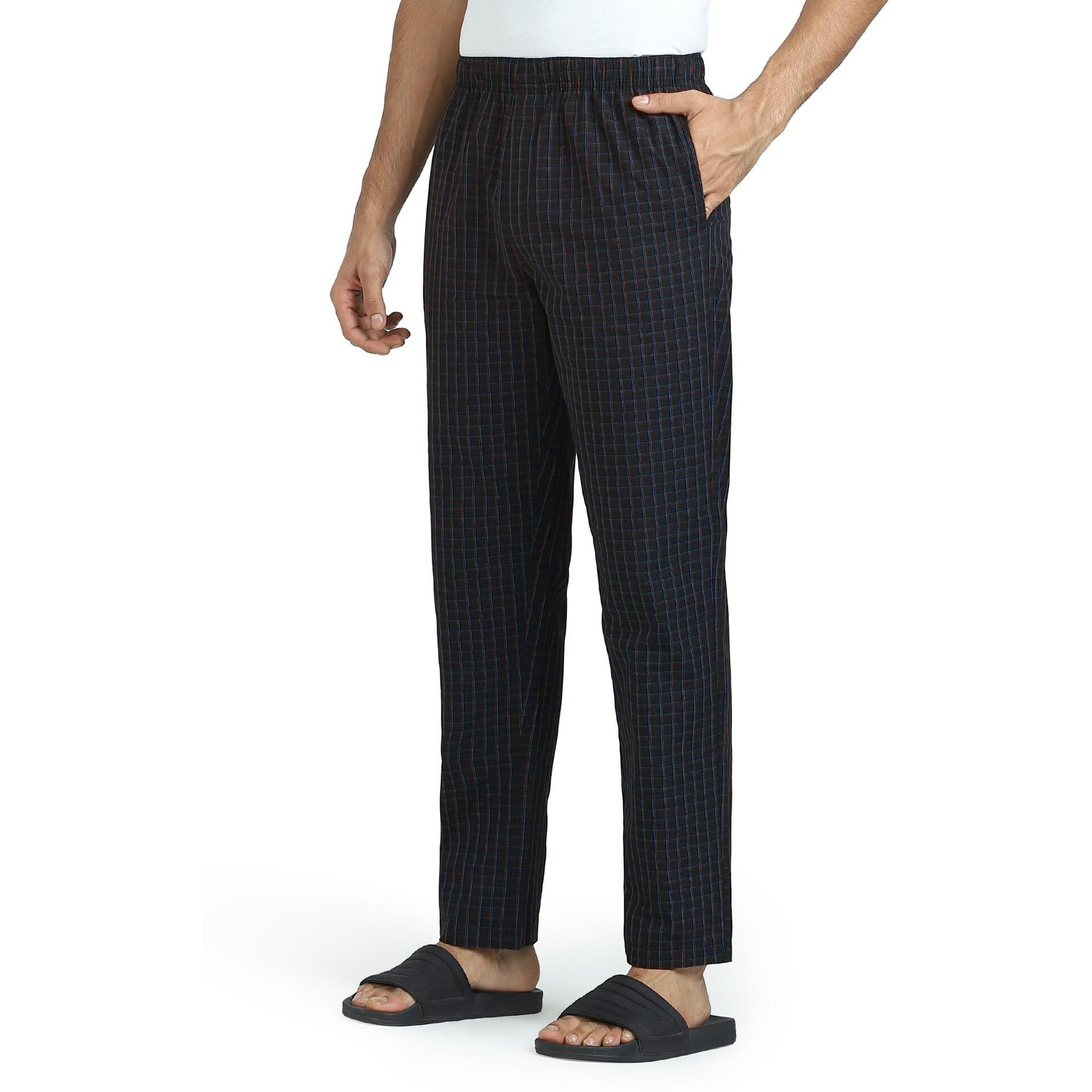 XYXX Men's Super Combed Cotton Checkered Checkmate Pyjamas Elasticated Waist, Drawstring | Loungewear for Men (L Jet Black Checks)