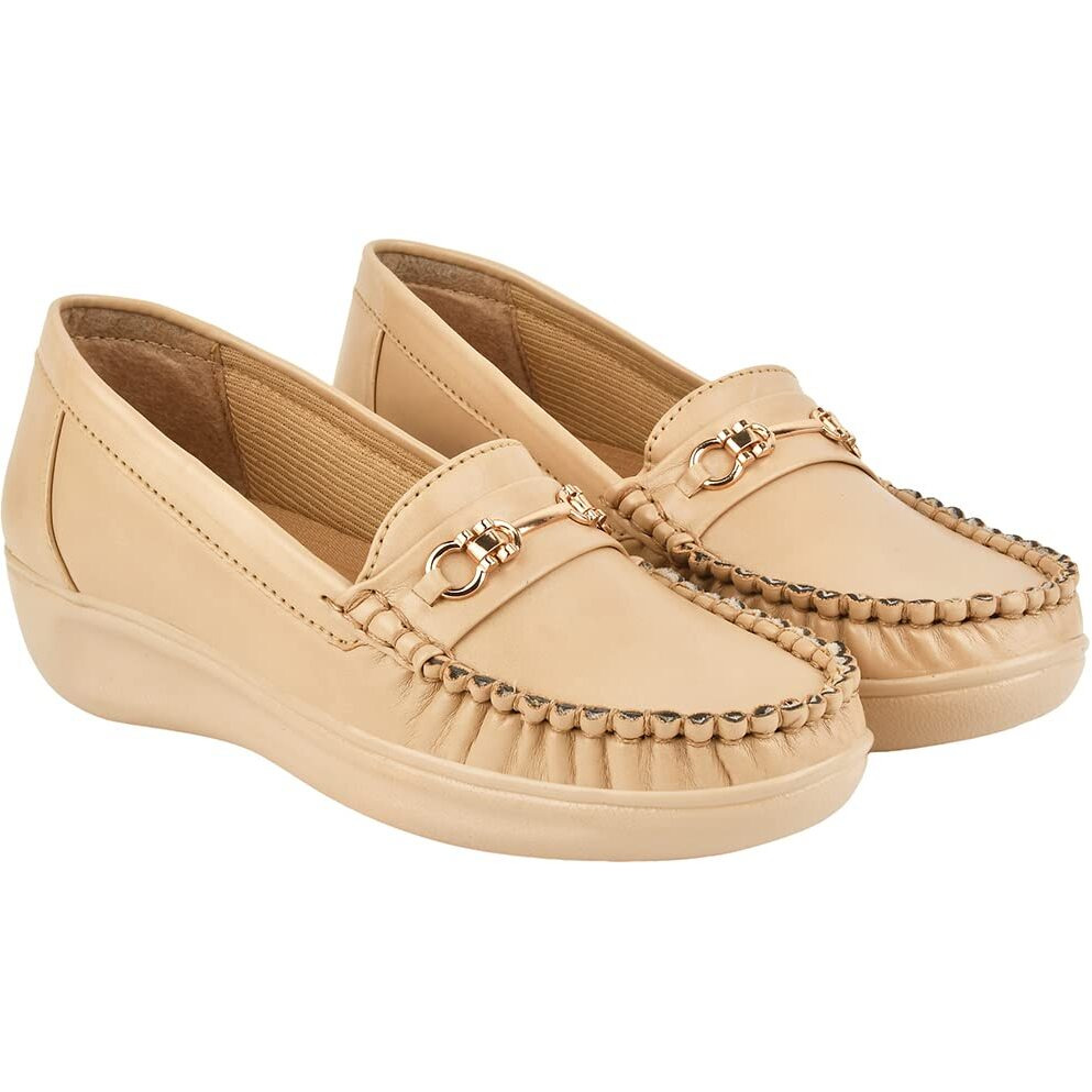 Shoetopia Upper Metalic Buckle Detailed Beige Loafers for Women & Girls /UK5