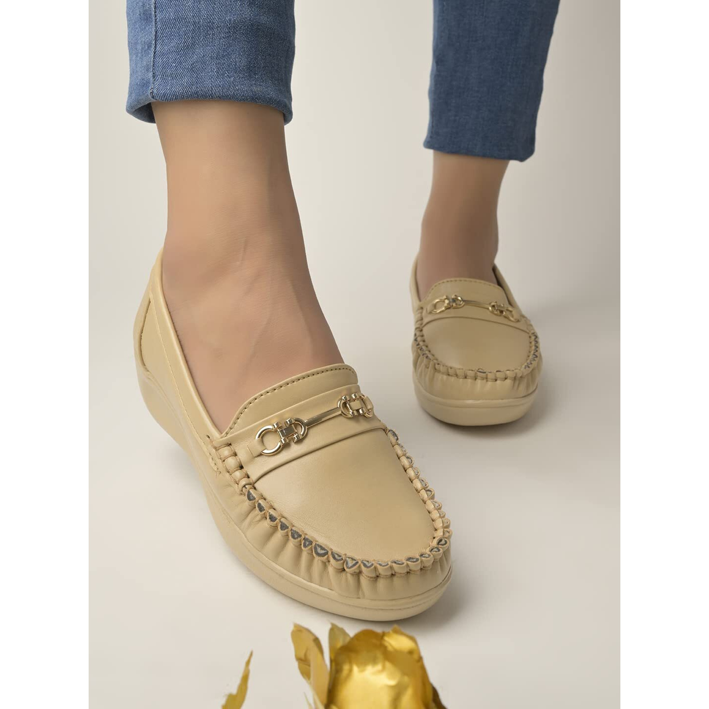 Shoetopia Upper Metalic Buckle Detailed Beige Loafers for Women & Girls /UK5
