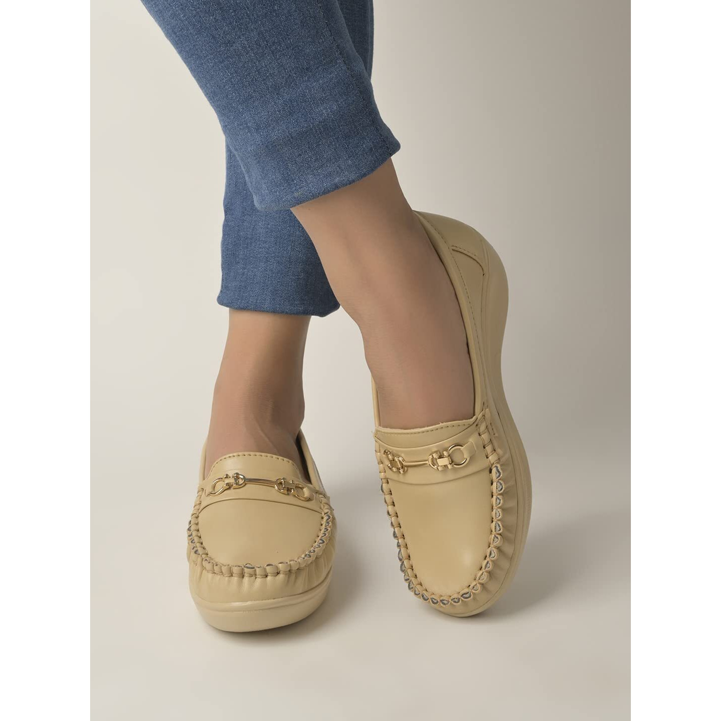 Shoetopia Upper Metalic Buckle Detailed Beige Loafers for Women & Girls /UK5