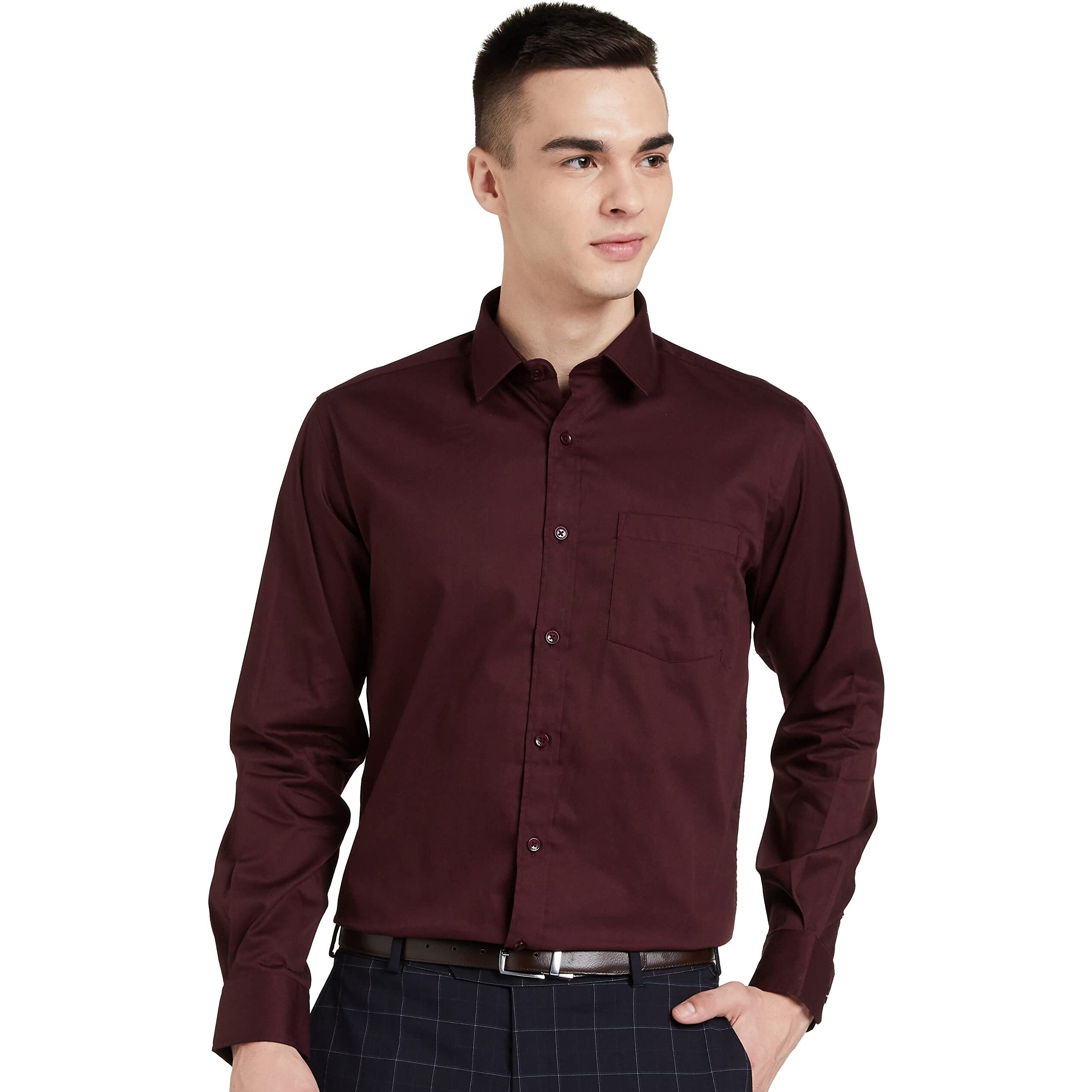 Amazon Brand - Symbol Men's Solid Cotton Formal Shirt | Plain | Full Sleeve - Regular Fit (Available in Plus Size) (Wine_44)