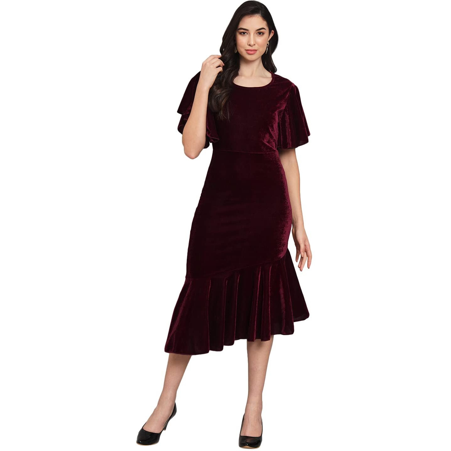 Vaararo Women's Velvet Bodycon Midi Dress (VRO_43_DRS_Wine