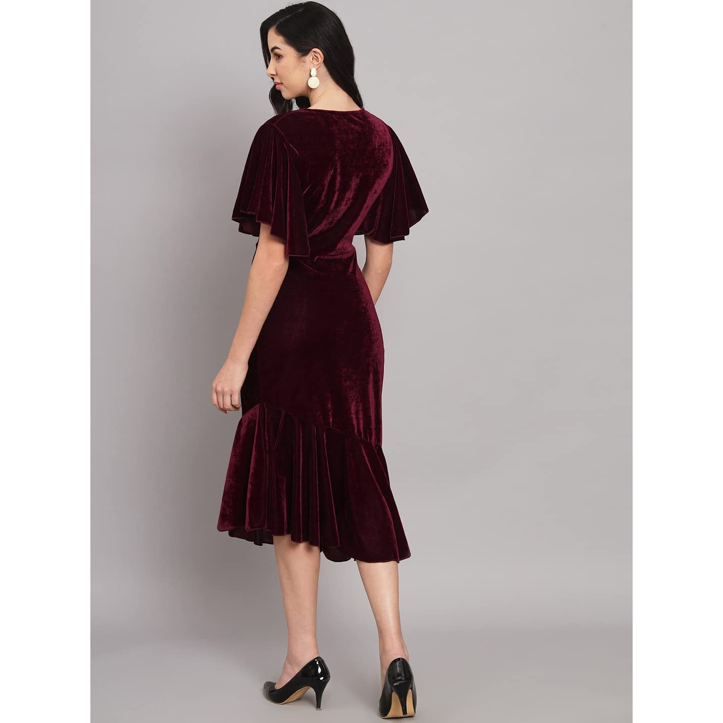 Vaararo Women's Velvet Bodycon Midi Dress (VRO_43_DRS_Wine