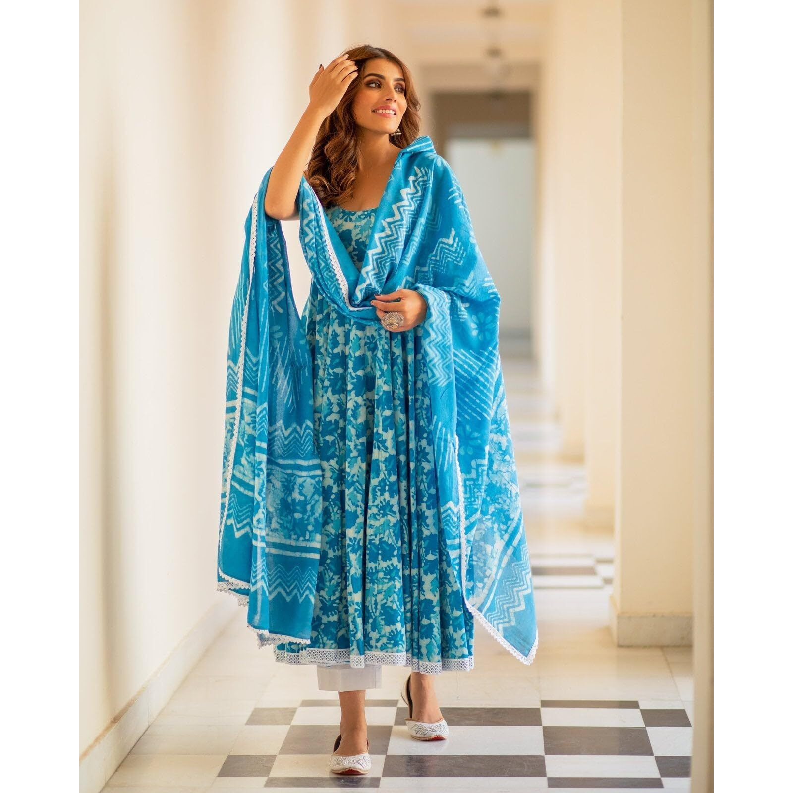 GoSriKi Women's Cotton Blend Floral Regular Kurta with Pant & Dupatta (Kalishta Sky Blue-GS 5XL)