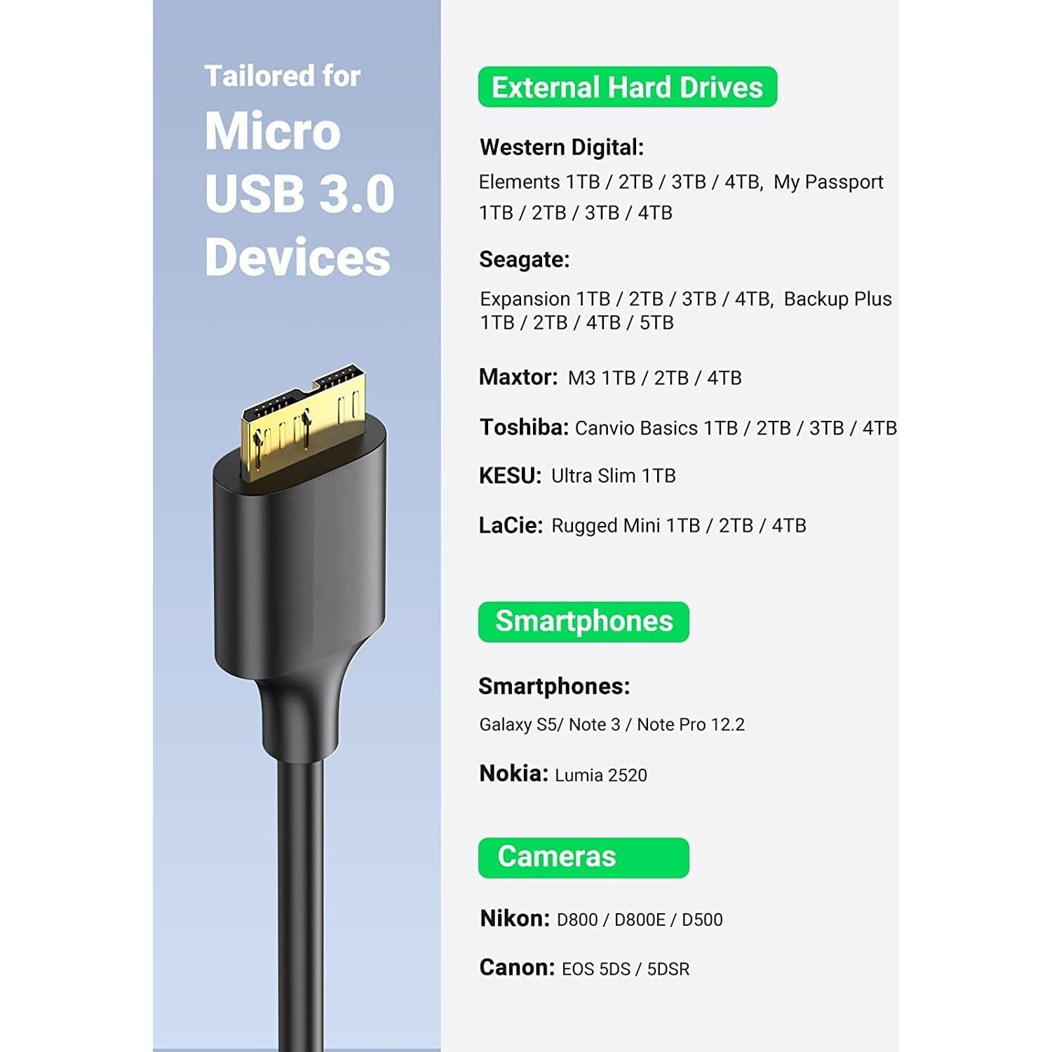 NISHTECH High Speed USB 3.0 A to Micro B SuperSpeed for WD/Seagate/Toshiba/Samsung/Hitachi, etc External Hard Disk/Drives (Black)