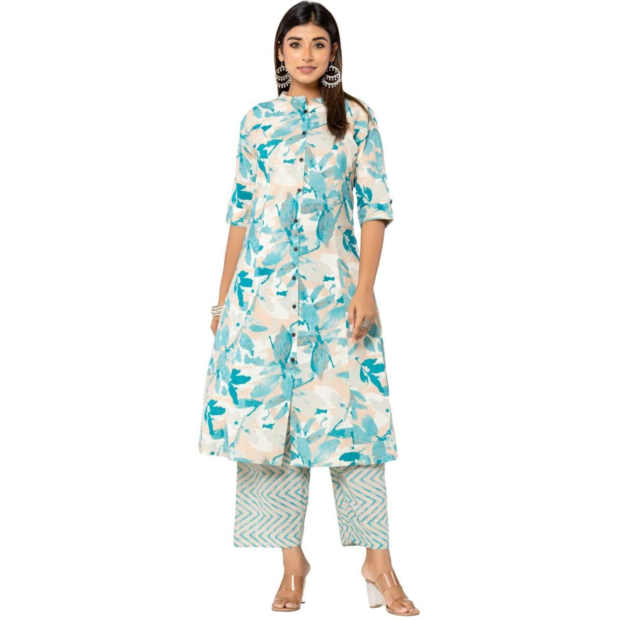 rytras Women's Cotton Printed A-Line Kurta with Palazzo Pant Set(RYT582,S) Blue