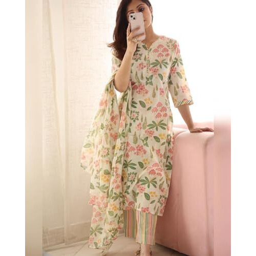 ANNI DESIGNER Women's Cotton Blend Printed Straight Kurta with Pant & Dupatta (Kumud Cream_S_Cream_Small)