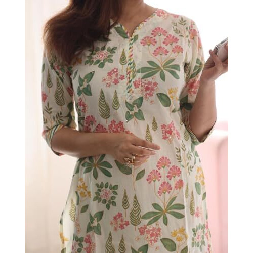 ANNI DESIGNER Women's Cotton Blend Printed Straight Kurta with Pant & Dupatta (Kumud Cream_S_Cream_Small)