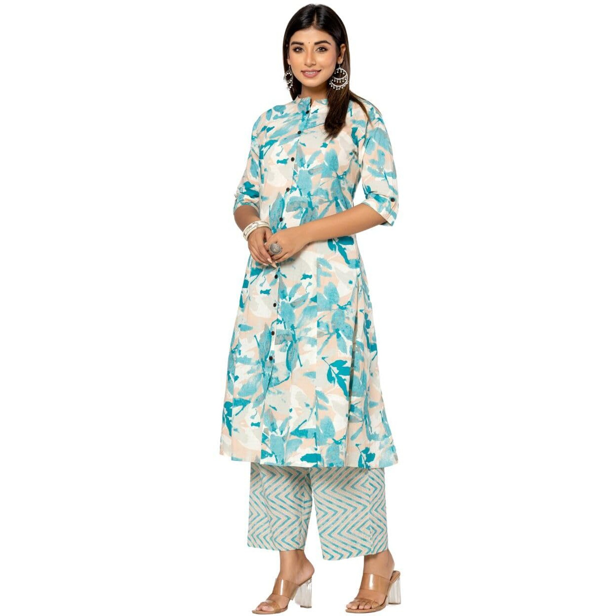 rytras Women's Cotton Printed A-Line Kurta with Palazzo Pant Set(RYT582,L) Blue