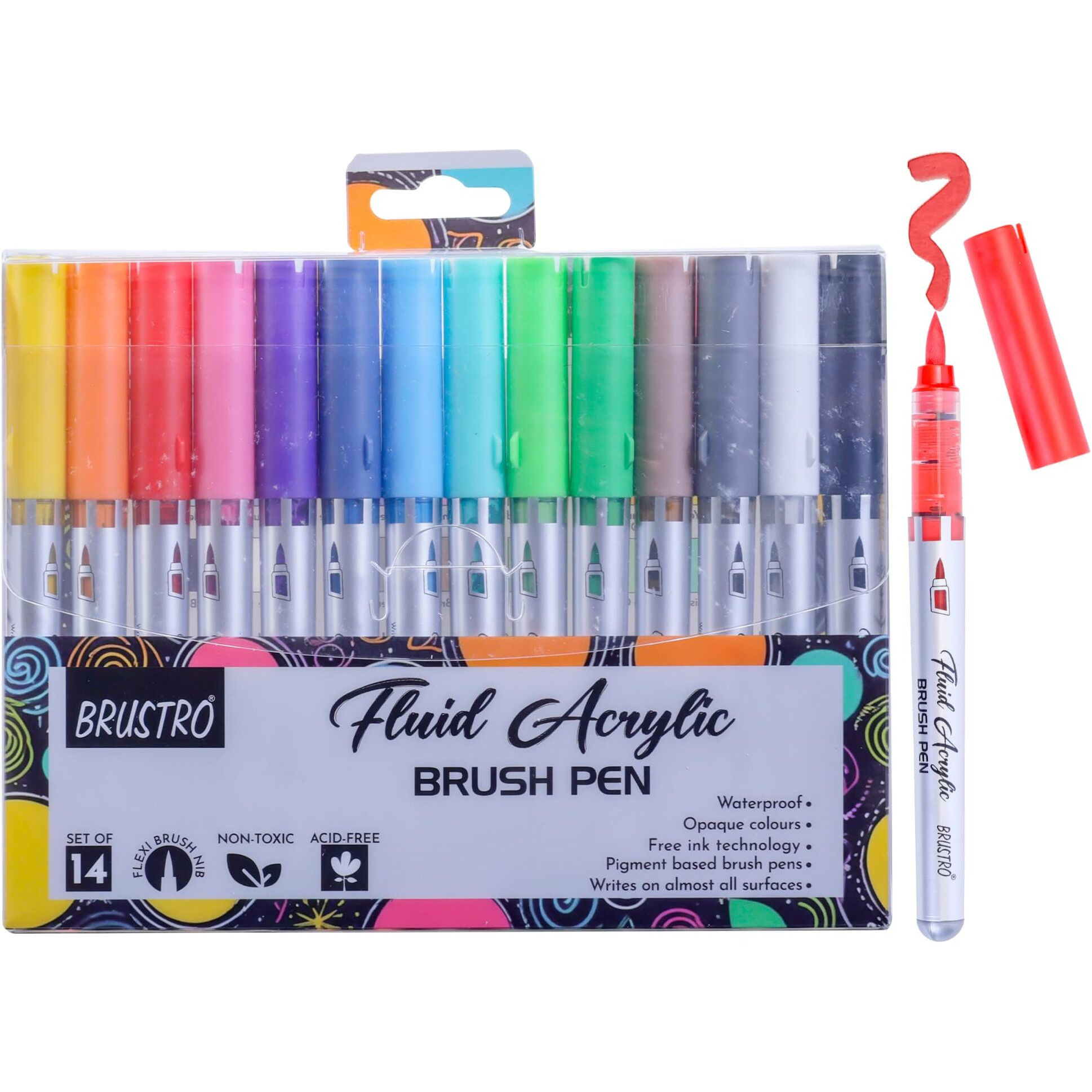 BRUSTRO Fluid Acrylic Brush Pen | Set of 14 | Waterproof, Fast Drying, Opaque Colors, Highly Pigmented | Ideal for Colouring, Drawing, Doodling, Marker, Professional Art & Craft