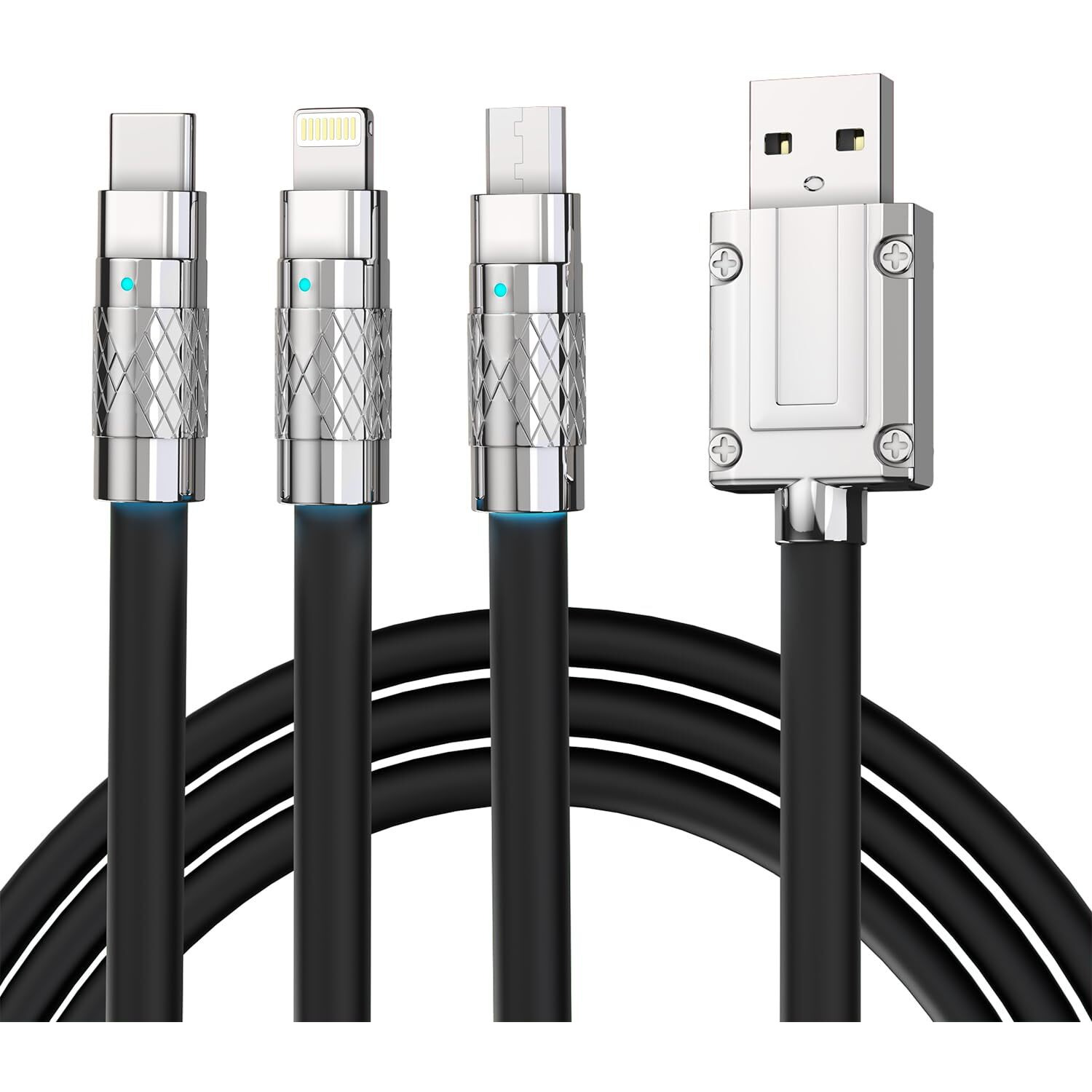 Sounce 3 in 1 Fast Charging Data Cable, 120W Portable Charger Cord with USB Type-C, Light-ning & Micro-USB Port Compatible with iPhone, iPad, SmartPhone, Tab and Other Devices - Black