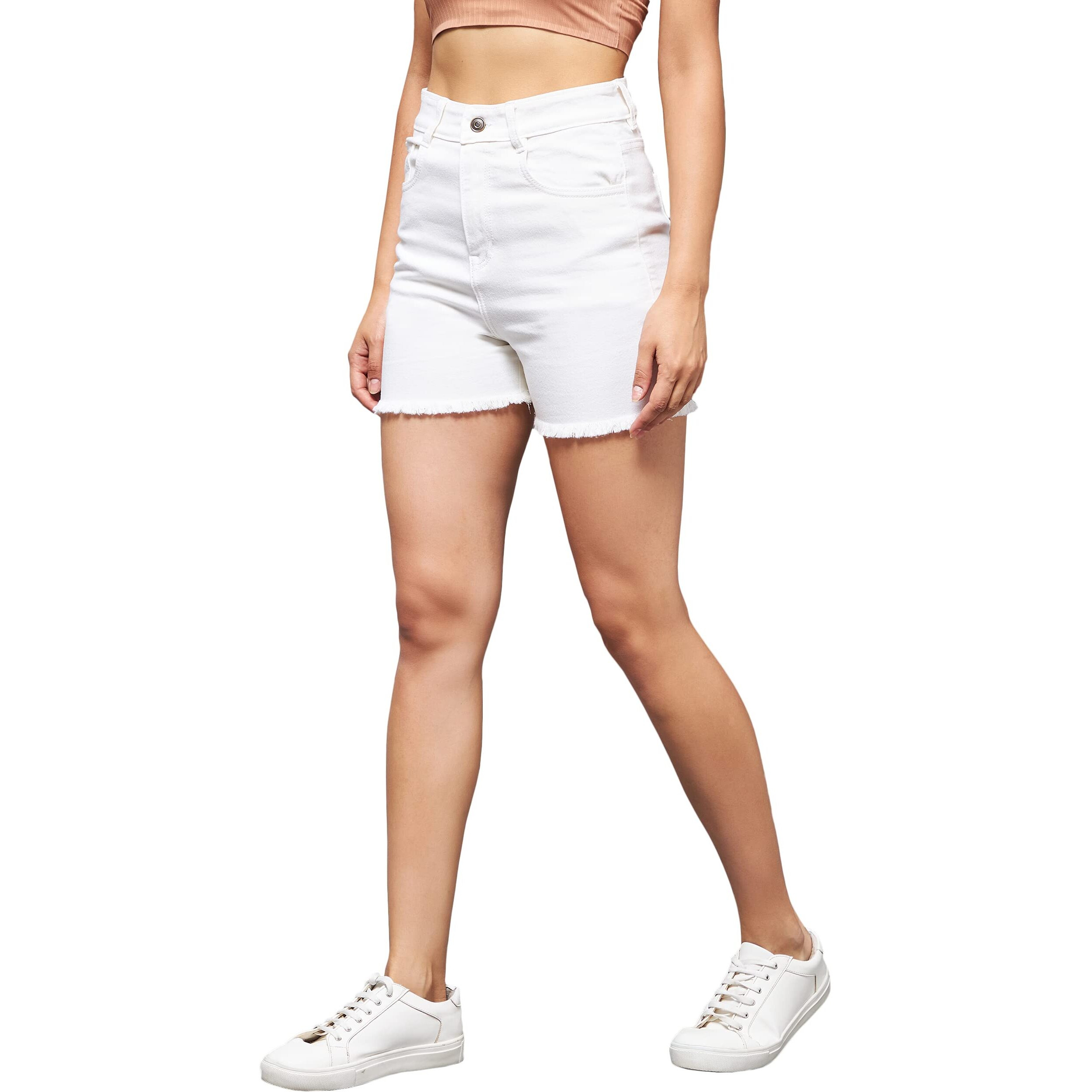 Miss Chase Women's White Regular High Rise Clean Look Regular Stretchable Denim Shorts (MCAW21DEN09-03-82-28, White, 28)