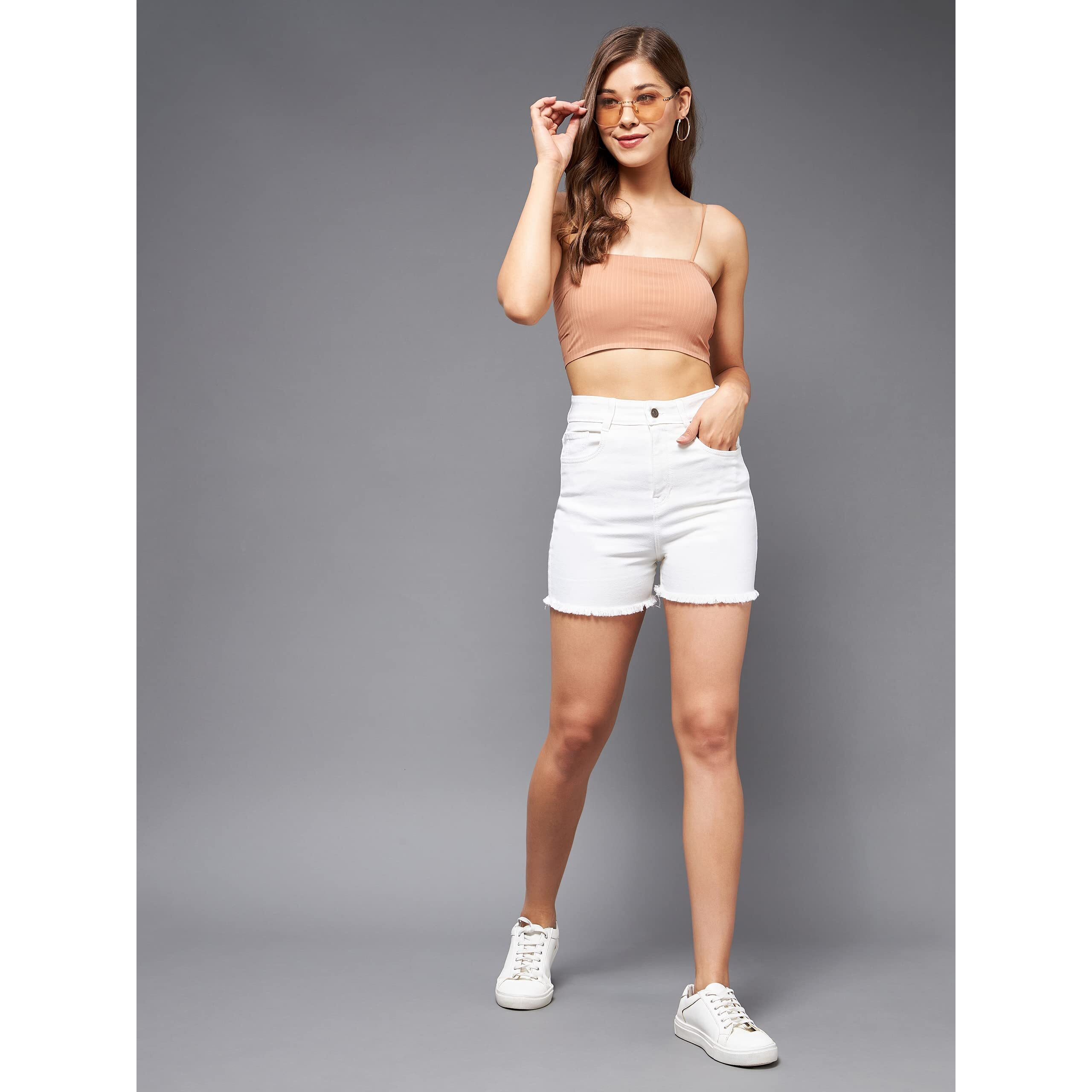 Miss Chase Women's White Regular High Rise Clean Look Regular Stretchable Denim Shorts (MCAW21DEN09-03-82-28, White, 28)
