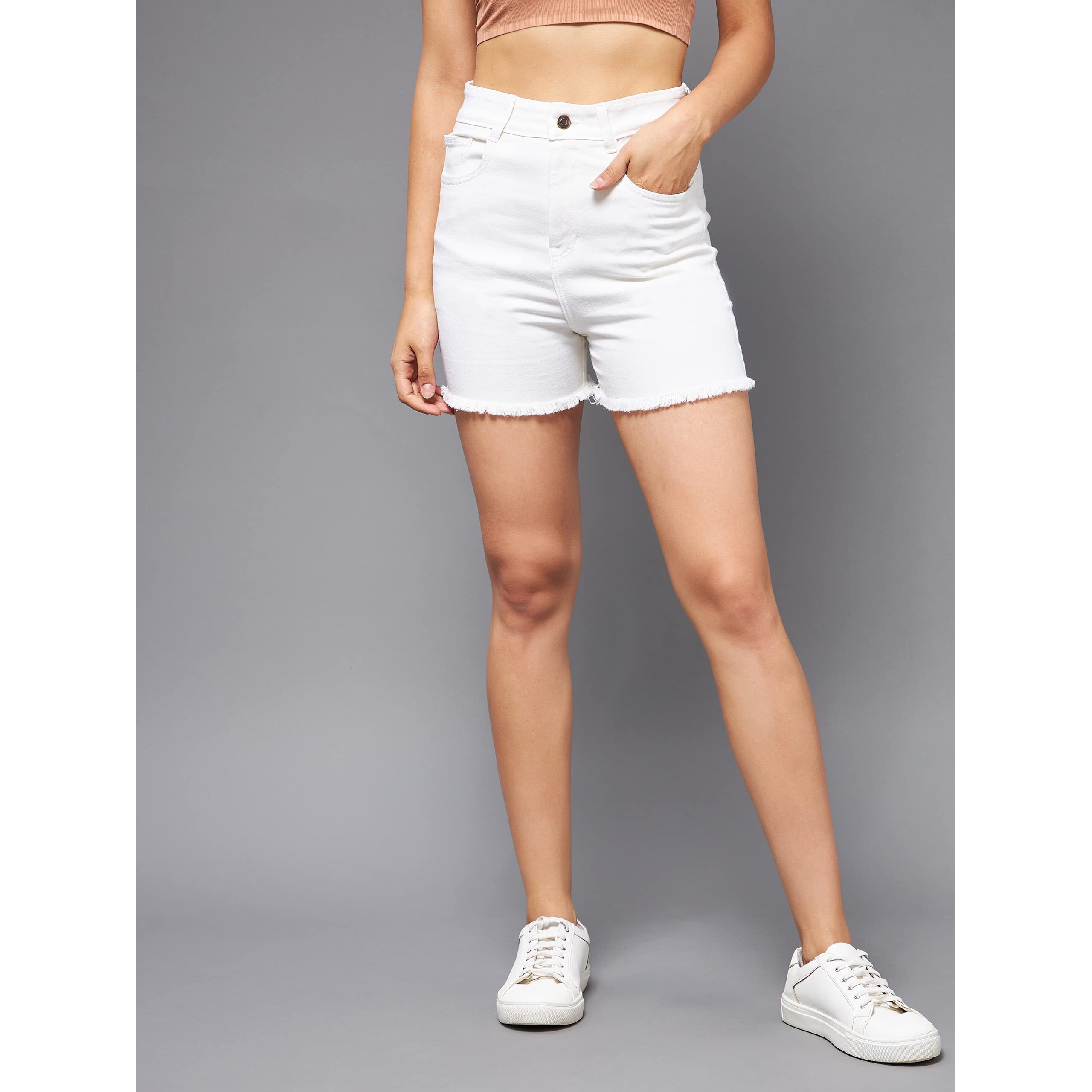 Miss Chase Women's White Regular High Rise Clean Look Regular Stretchable Denim Shorts (MCAW21DEN09-03-82-28, White, 28)