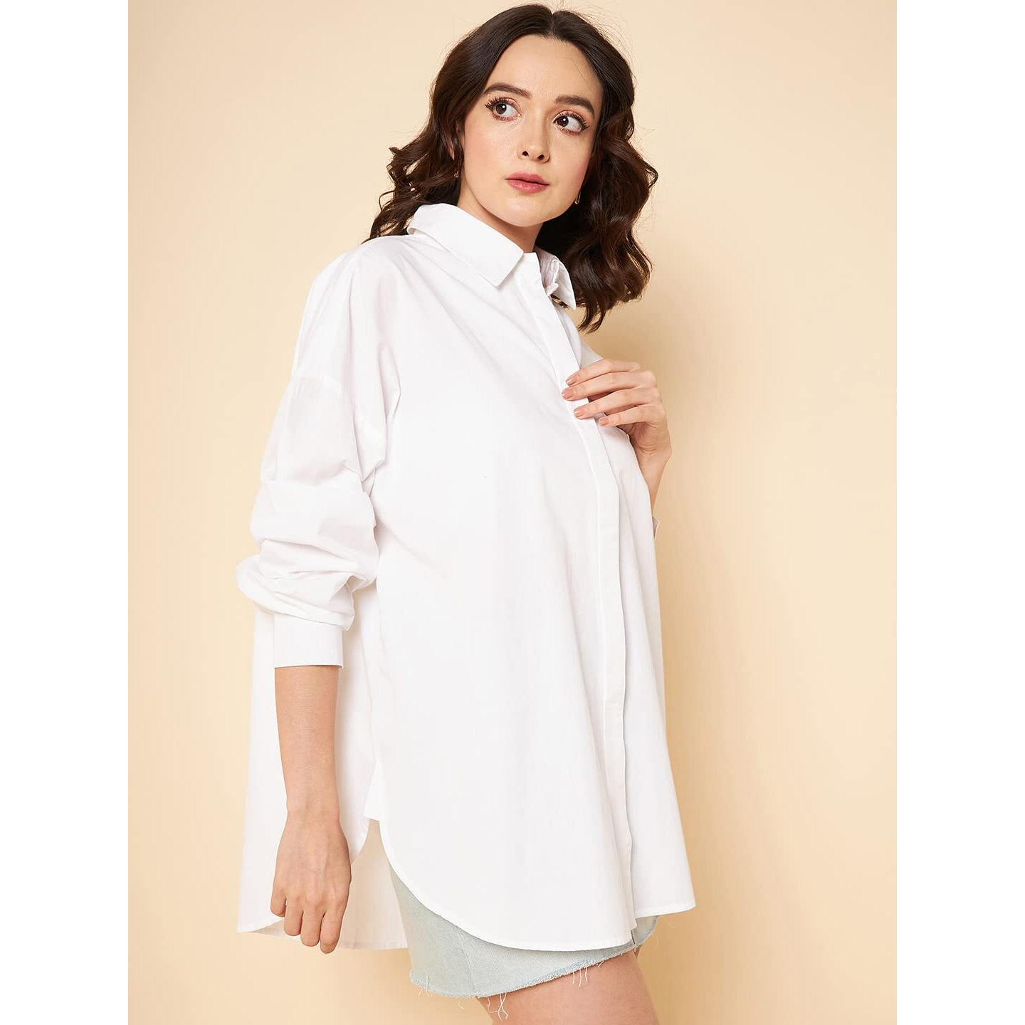 HIGH STAR Women's Solid Oversized Shirts (HSWSHS23001_WH_S_White S)
