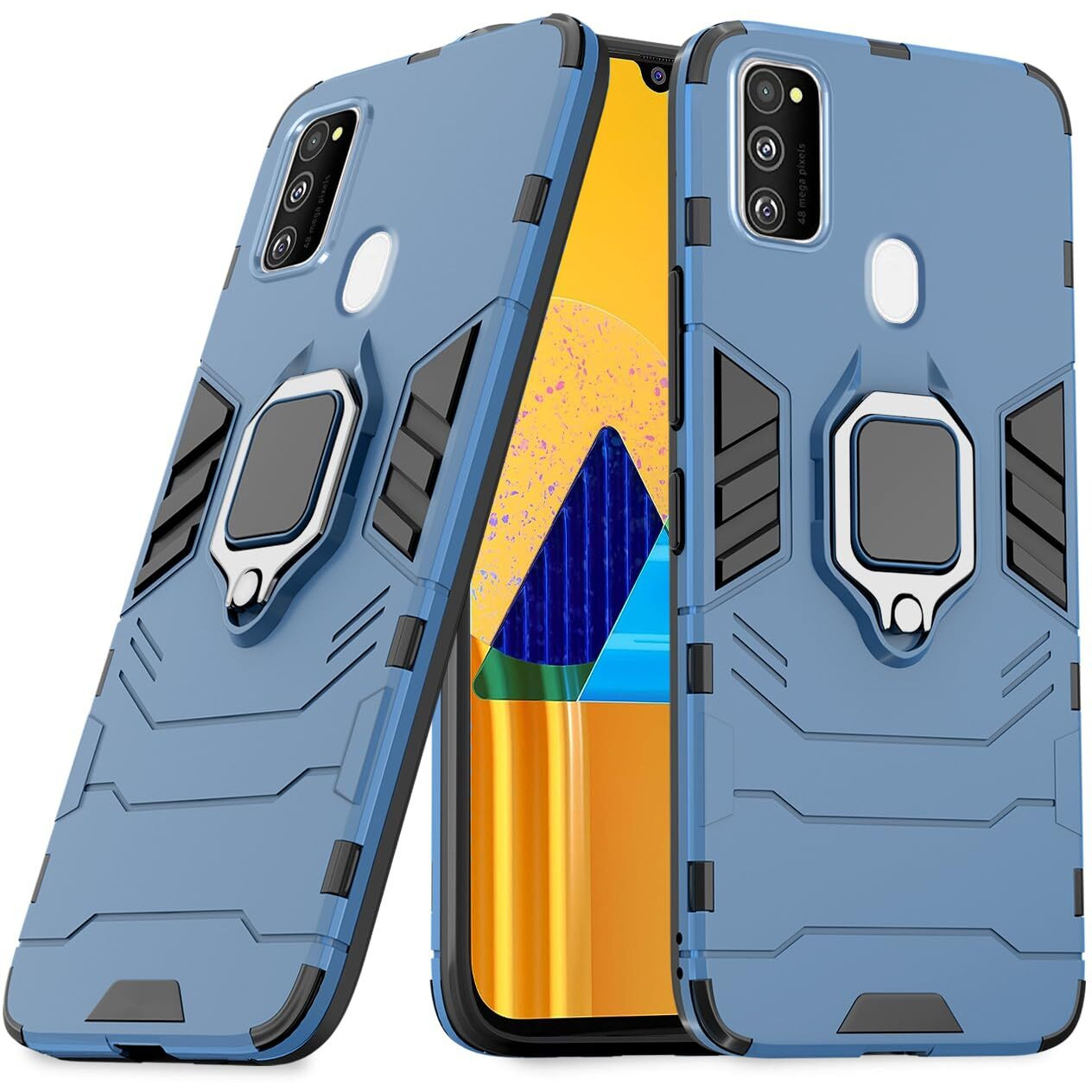 Pikkme Samsung Galaxy M21 / M30s / M21 2021 Back Cover | D5 Tough Armor Bumper | 360 Protection Case | Ring Holder Stand Case (Blue)