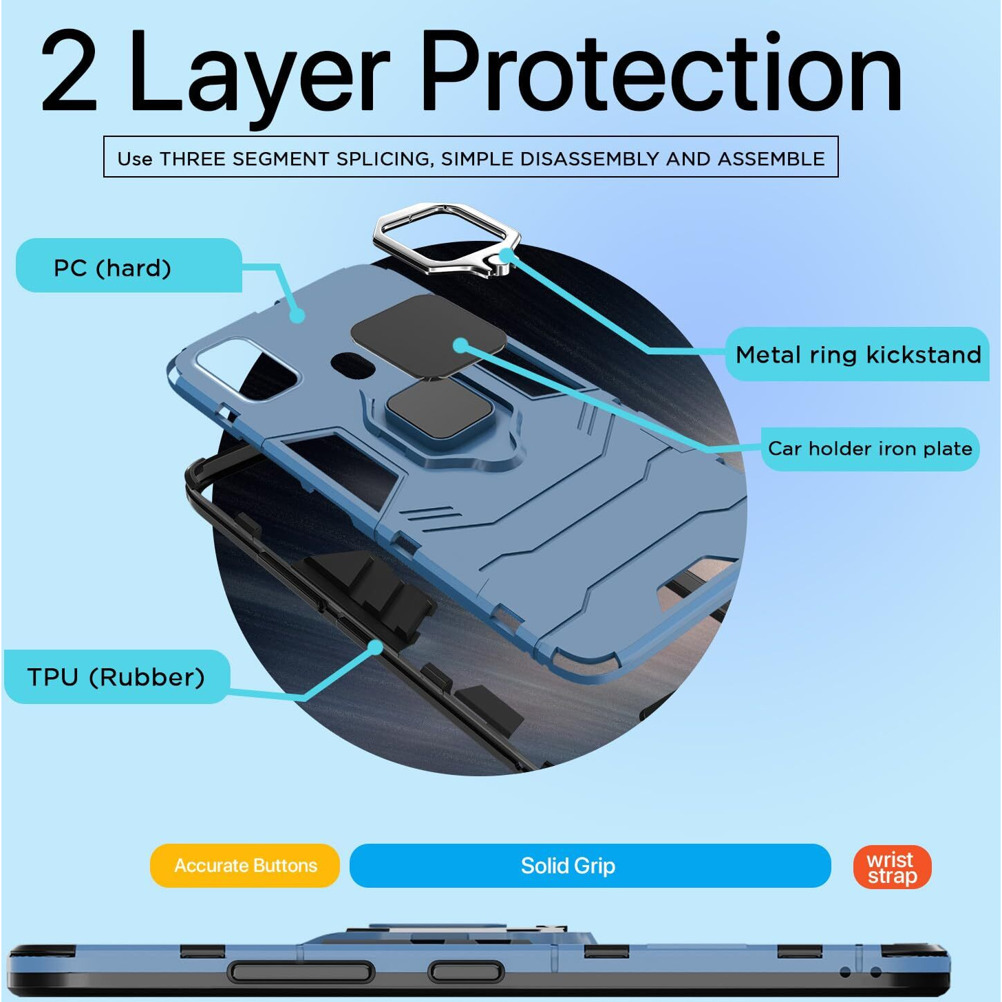 Pikkme Samsung Galaxy M21 / M30s / M21 2021 Back Cover | D5 Tough Armor Bumper | 360 Protection Case | Ring Holder Stand Case (Blue)