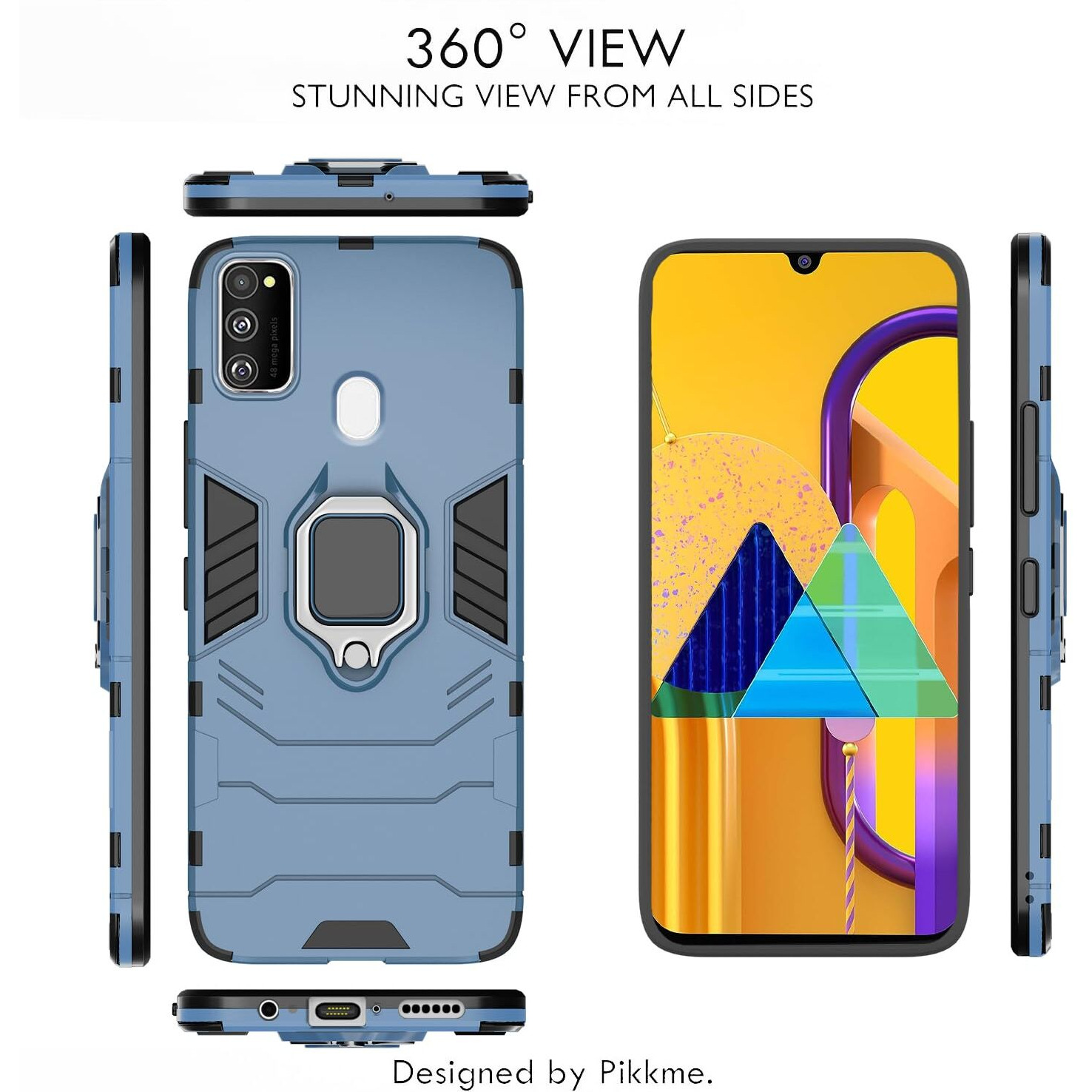 Pikkme Samsung Galaxy M21 / M30s / M21 2021 Back Cover | D5 Tough Armor Bumper | 360 Protection Case | Ring Holder Stand Case (Blue)