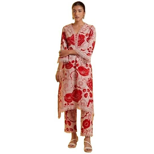 LookMark Women's Printed Cotton Blend Straight Kurta Pant Set with Lace - Comfortable Ethnic Wear for Women, Elegant Design, Suitable for Various Occasions (AZ-LM-OG-KS2118 RED-XXL)