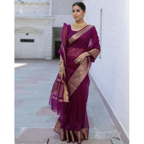 Yashika Women's Plain Organza Saree with Floral Woven Border and Unstitched Blouse Material (AZ-YS-OG1-ORGANZA Purple