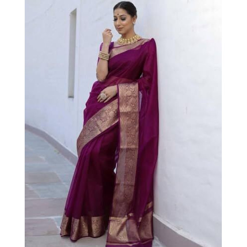 Yashika Women's Plain Organza Saree with Floral Woven Border and Unstitched Blouse Material (AZ-YS-OG1-ORGANZA Purple
