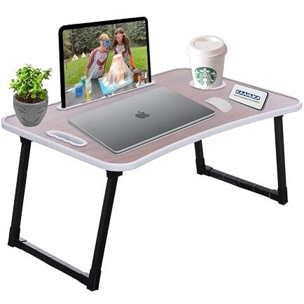 Kaanuka Foldable Laptop Table with Cup Holder I Tablet/Mobile Holder I Study Table I Breakfast Table, Multipurpose Round Edges for Home & Office Use