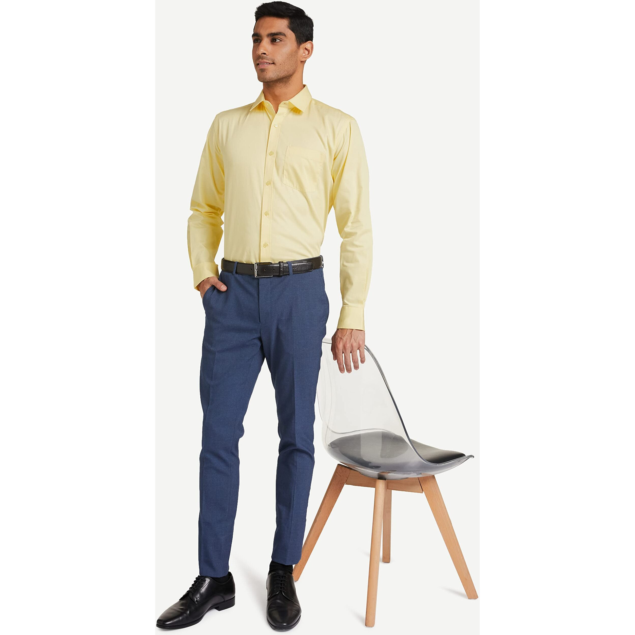 Amazon Brand - Symbol Men's Solid Cotton Formal Shirt | Plain | Full Sleeve - Regular Fit (Available in Plus Size) (Yellow_42)