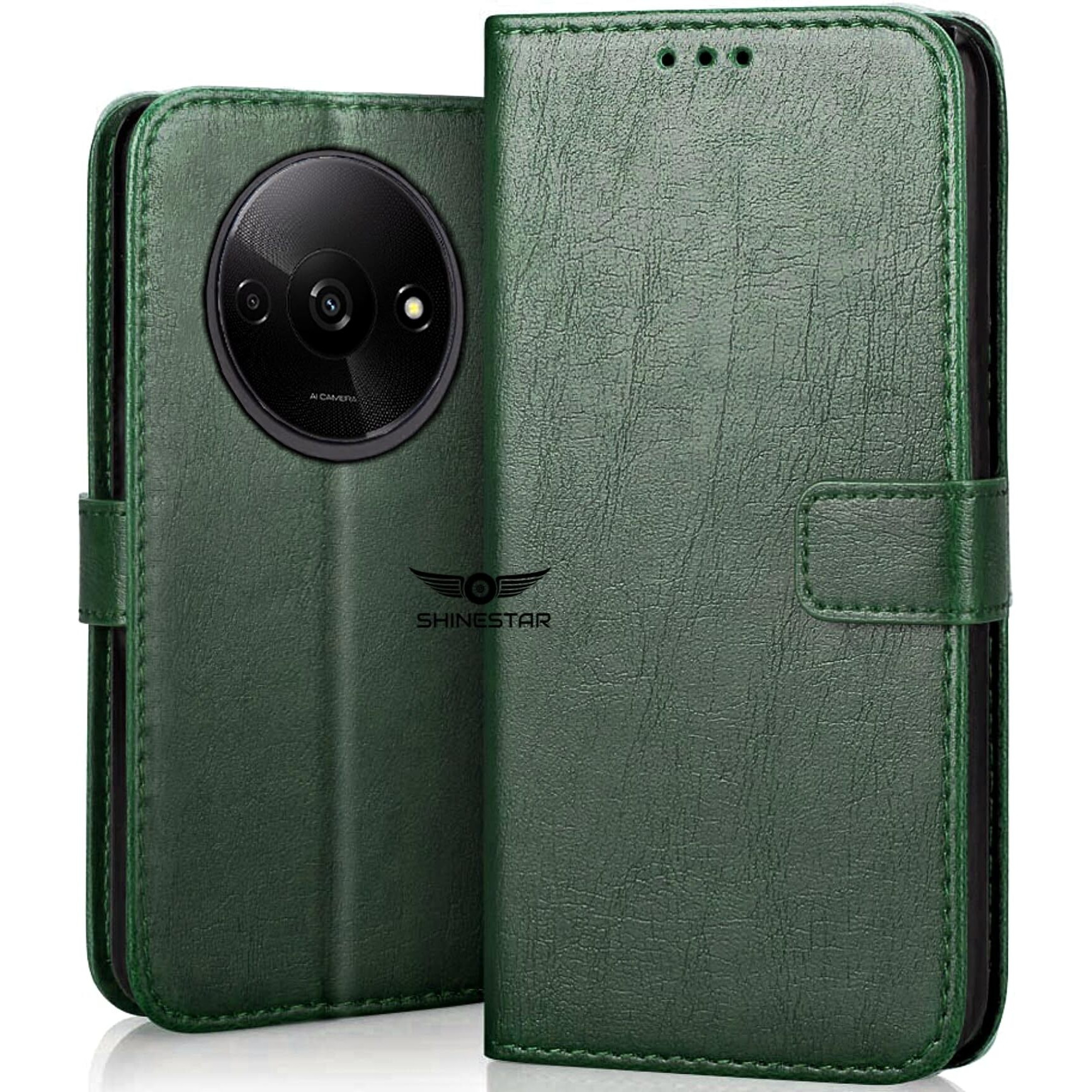 SHINESTAR Redmi A3 (2024) / Redmi A3x / Poco C61 Flip Back Cover | PU Leather Flip Cover Wallet Case with TPU Silicone Case Back Cover for Redmi A3 (2024) / Redmi A3x / Poco C61 - Unique Green