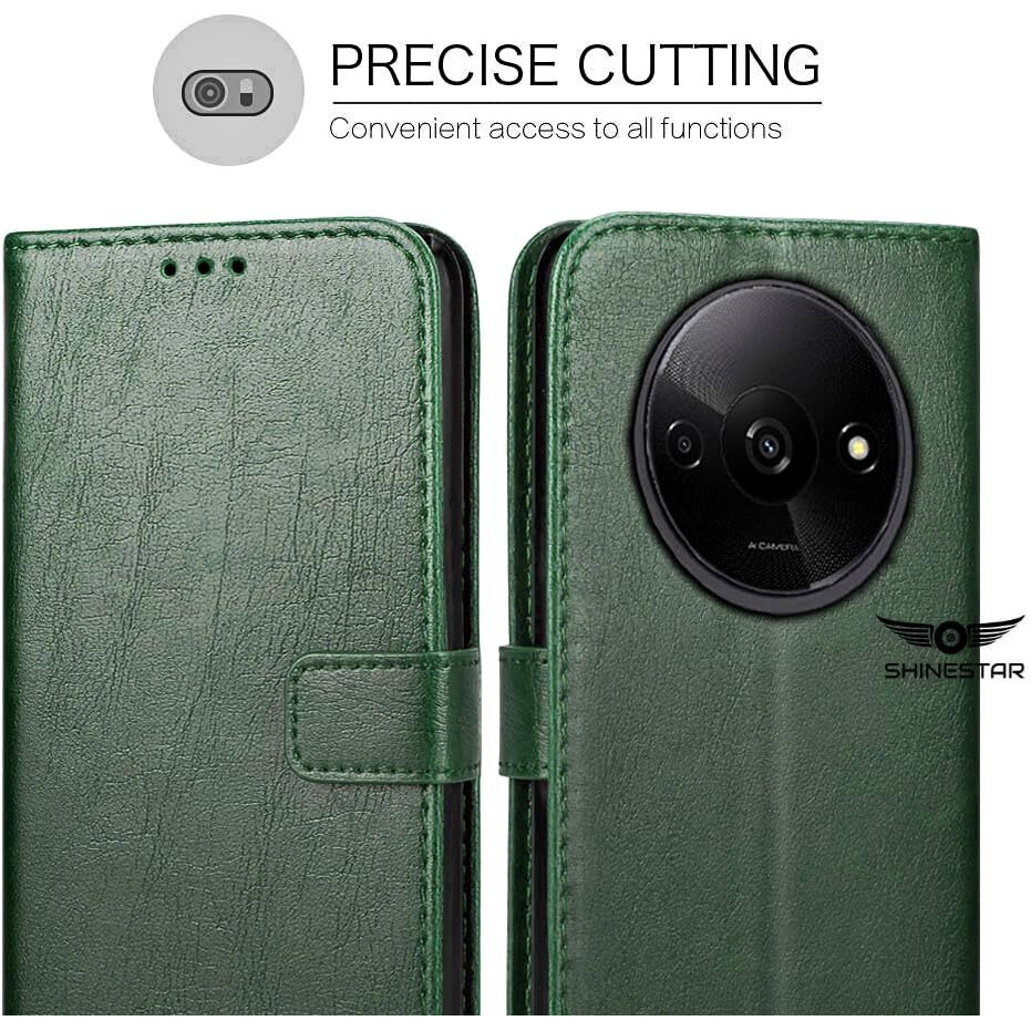 SHINESTAR Redmi A3 (2024) / Redmi A3x / Poco C61 Flip Back Cover | PU Leather Flip Cover Wallet Case with TPU Silicone Case Back Cover for Redmi A3 (2024) / Redmi A3x / Poco C61 - Unique Green