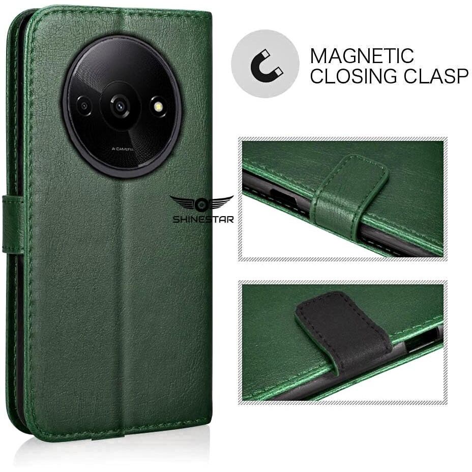 SHINESTAR Redmi A3 (2024) / Redmi A3x / Poco C61 Flip Back Cover | PU Leather Flip Cover Wallet Case with TPU Silicone Case Back Cover for Redmi A3 (2024) / Redmi A3x / Poco C61 - Unique Green