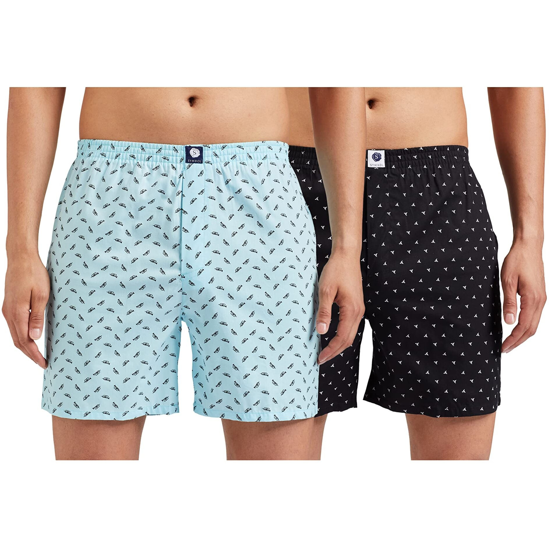 Amazon Brand - Symbol Men's Cotton Printed Boxer Shorts (Combo Pack of 2) Casual | Underwear | Half pants | Short Pant - Regular Fit with Back Pocket (BrightSky/Black_L)