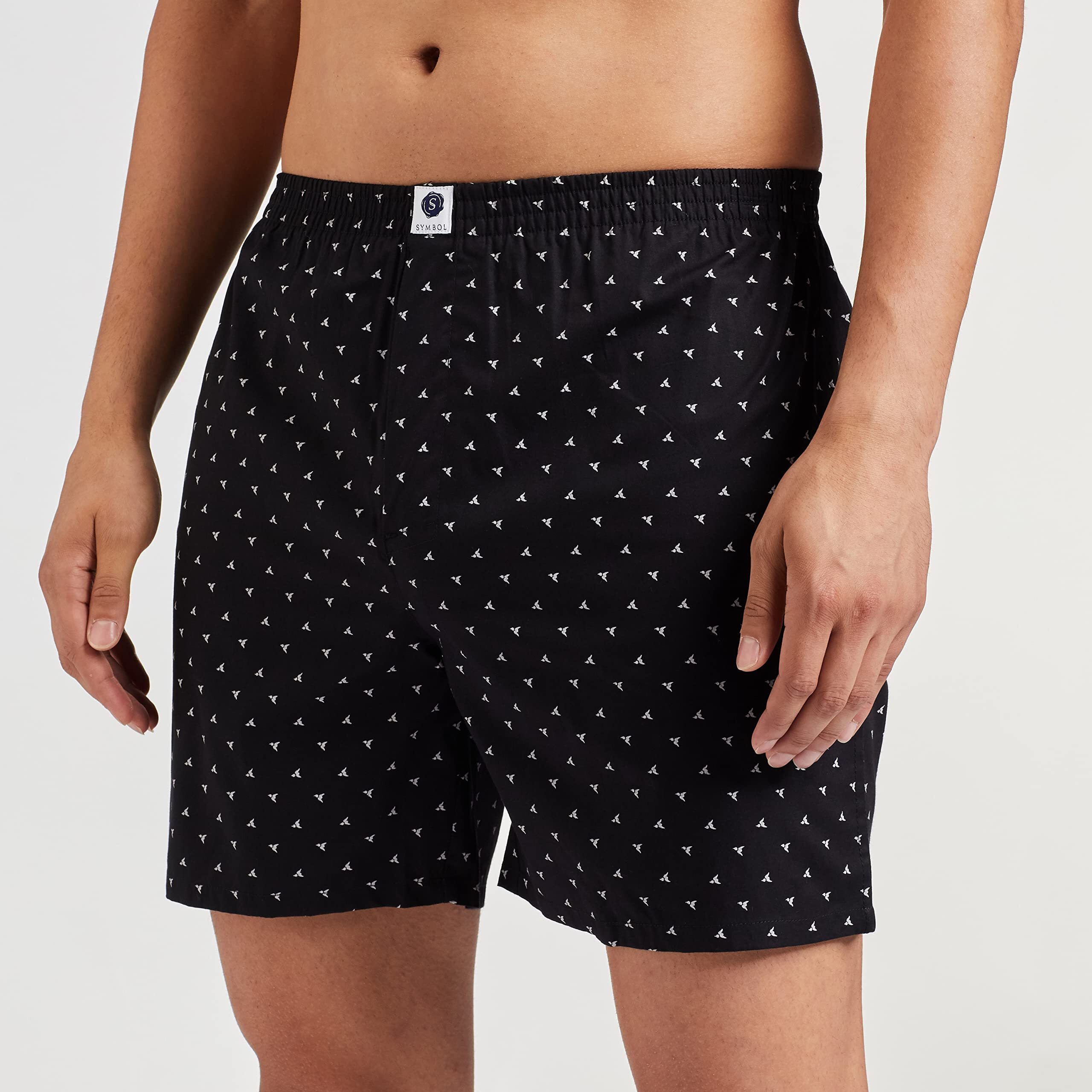 Amazon Brand - Symbol Men's Cotton Printed Boxer Shorts (Combo Pack of 2) Casual | Underwear | Half pants | Short Pant - Regular Fit with Back Pocket (BrightSky/Black_L)