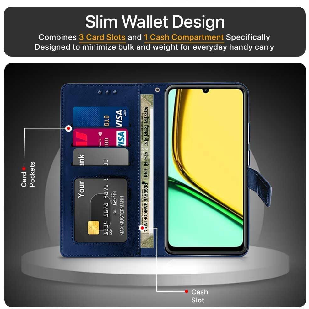 TOUCCH Flip case for Realme Narzo N61 | Realme C61| Leather Finish Cover & Flexible Stand Design | Card and Money Pocket | Blue